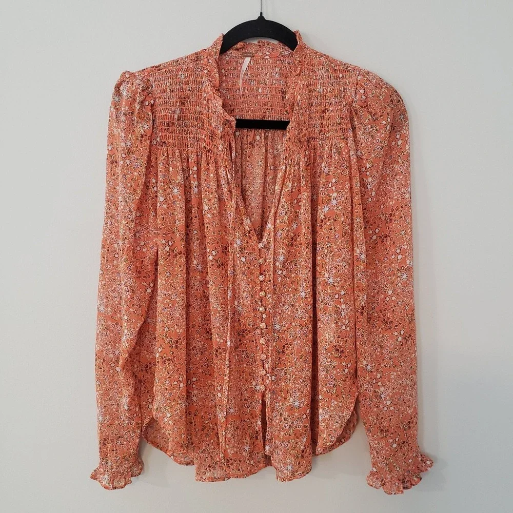 Free People Lela Flowy Boho Top SM Fairy Peasant Sheer Oversized Floral Women